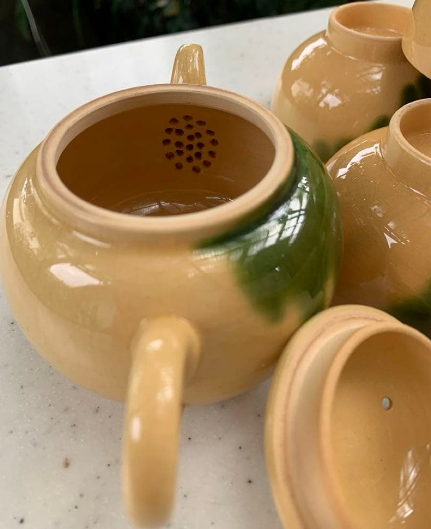 出雲　若山製陶所　釉下緑彩　煎茶器　揃　箱入　アンティーク