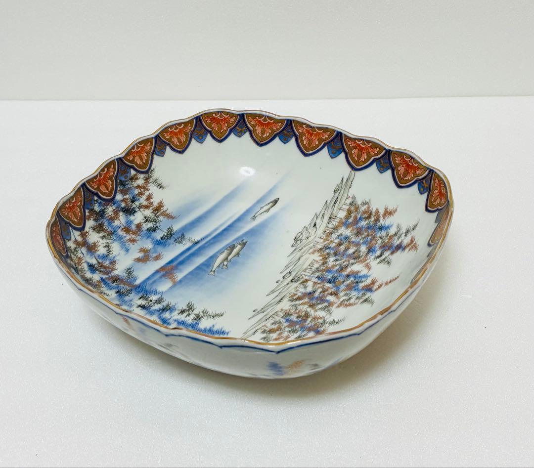 31日掲載終了 明治 香蘭社 有田焼 オールド香蘭社 色絵竹林鮎文 大鉢