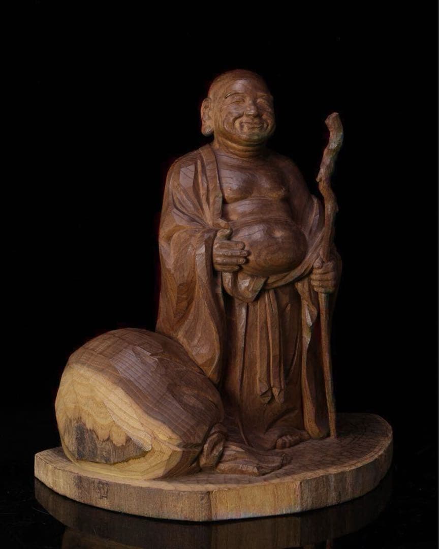 布袋尊 立像 天然木 木彫り 彫刻 一刀彫 箱付 七福神 布袋様 布袋 作家物
