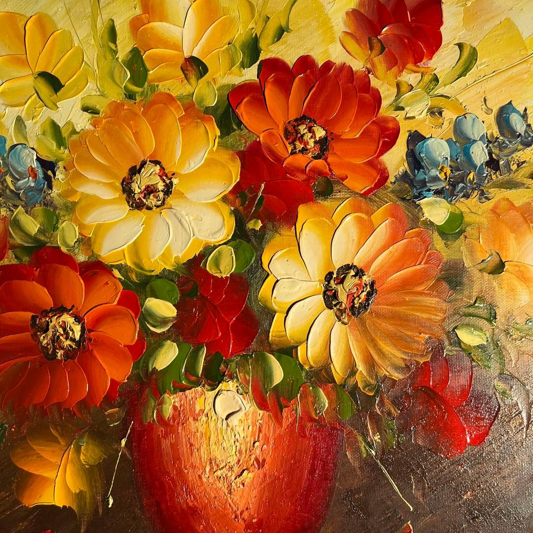 手描き油絵 花瓶の花 額付 インテリア 油彩画 肉筆絵画