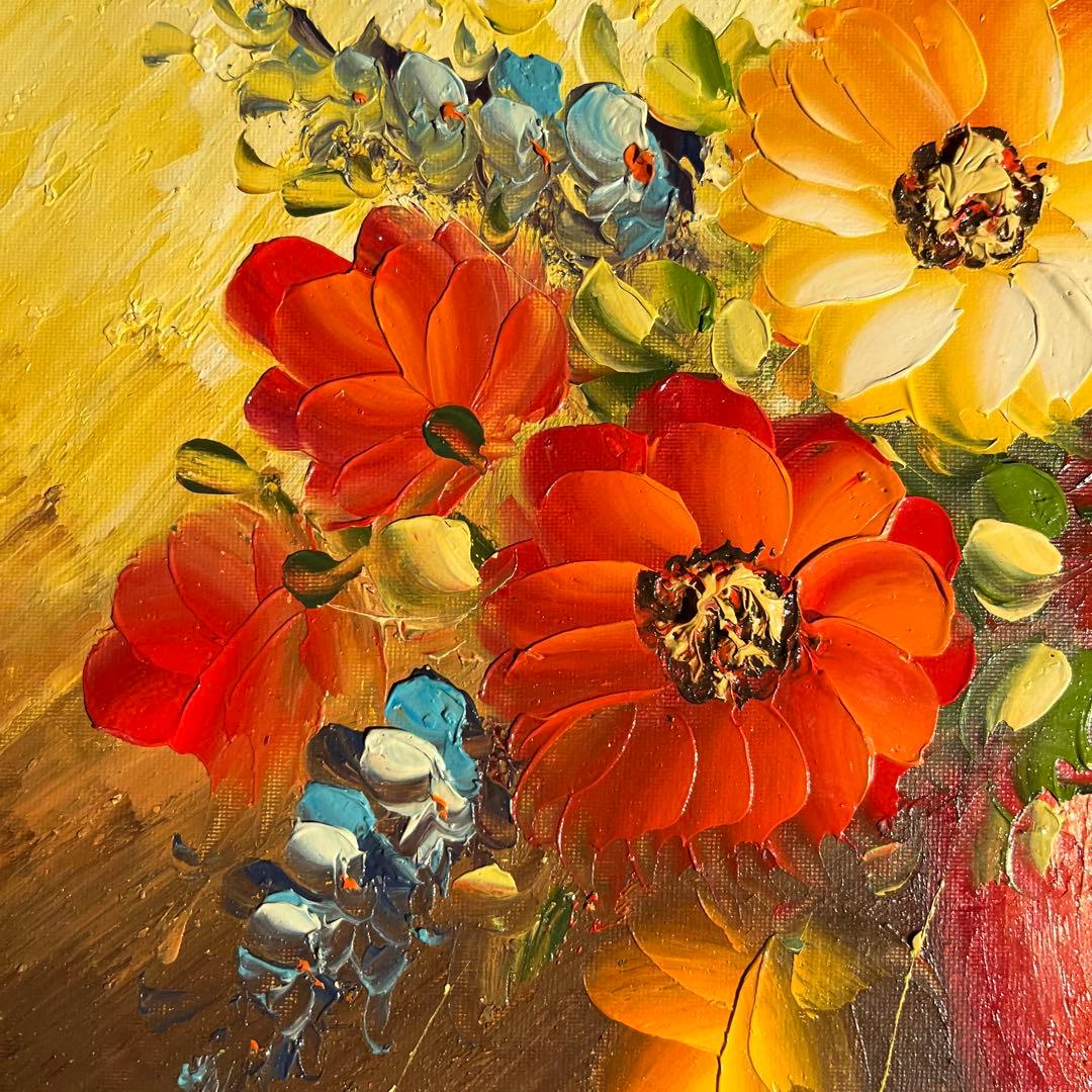 手描き油絵 花瓶の花 額付 インテリア 油彩画 肉筆絵画