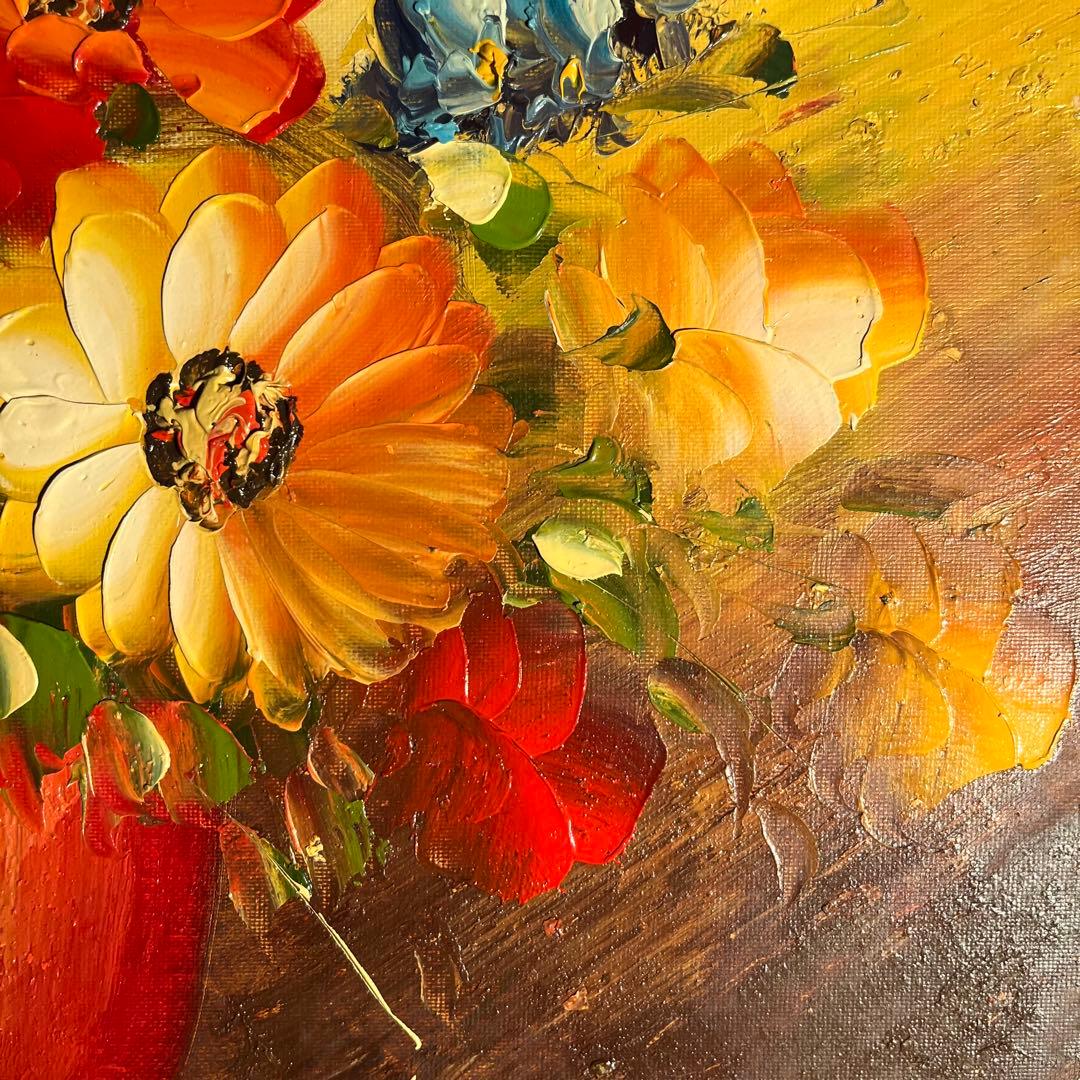 手描き油絵 花瓶の花 額付 インテリア 油彩画 肉筆絵画
