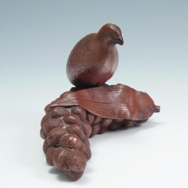 古備前 鳥 鶉 葡萄 松ぼっくり 和風 置物 細工物 骨董品 備前焼