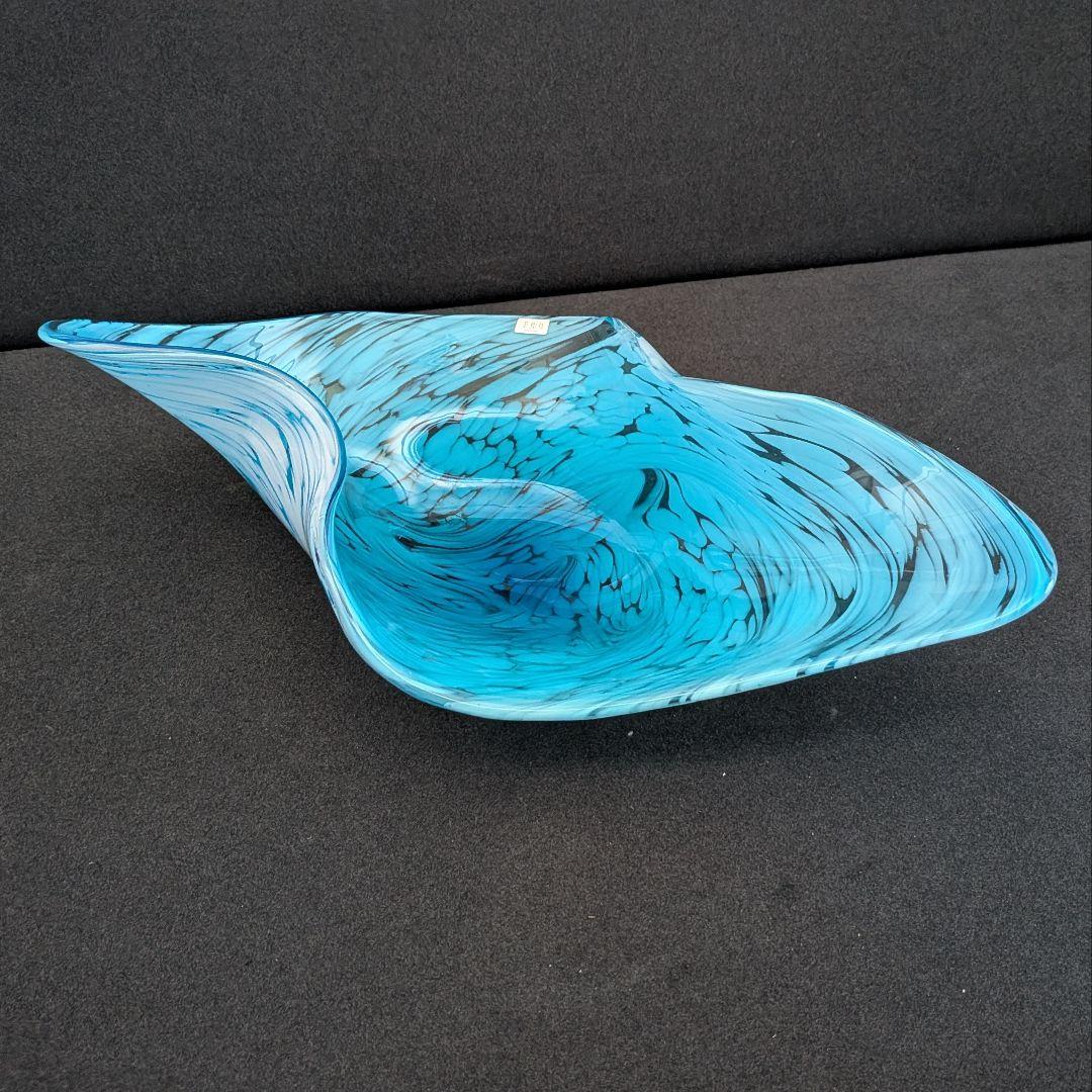 青色ガラス 水盤 花器 大型 48cm モダンアート ガラス工芸 一点物風
