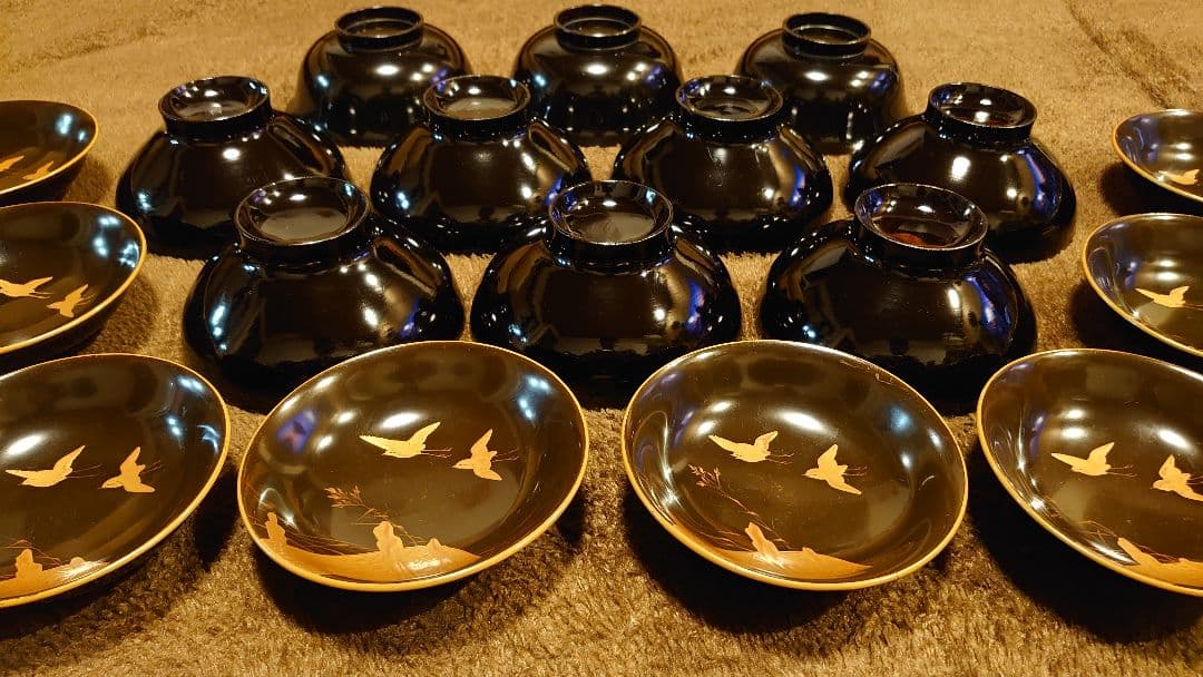 輪島塗　金蒔絵　蒔絵　波千鳥　蓋椀　１０客