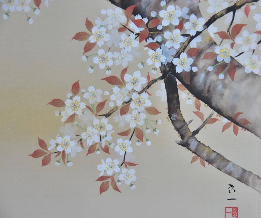 値下げ、ＮＯ１桜小禽掛軸花鳥　佐藤良一作、絹本肉筆　共箱