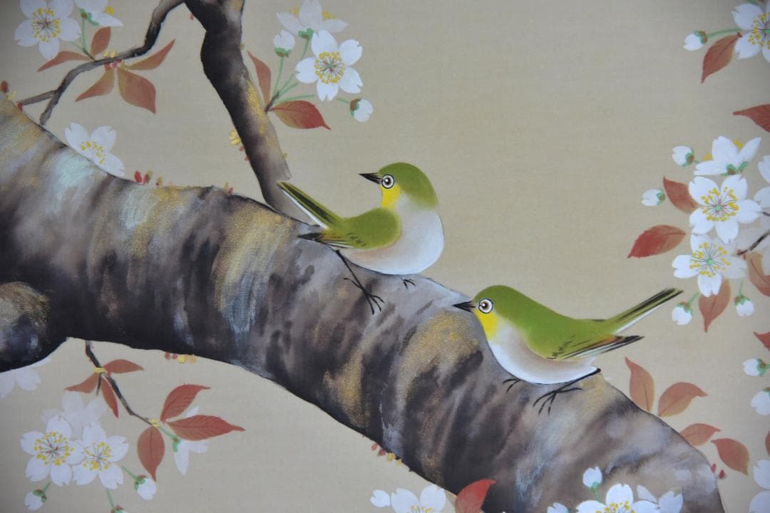 値下げ、ＮＯ１桜小禽掛軸花鳥　佐藤良一作、絹本肉筆　共箱