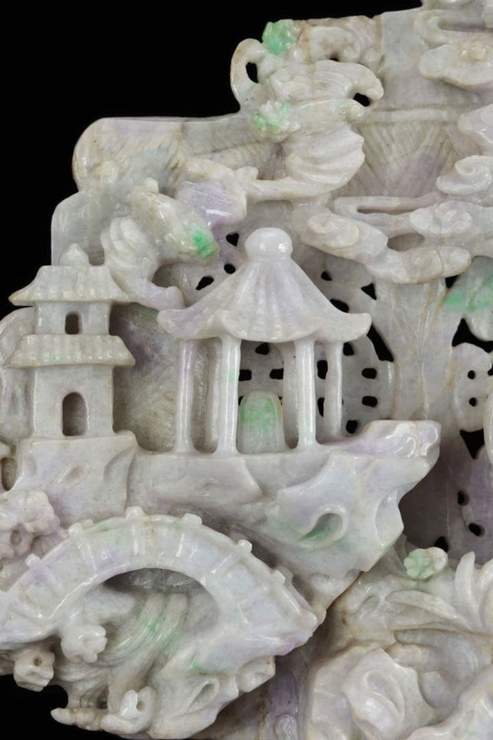 【希少美品】ラベンダー翡翠精緻彫刻置物 龍獅子象楼閣吉祥文字透かし 飾台座付