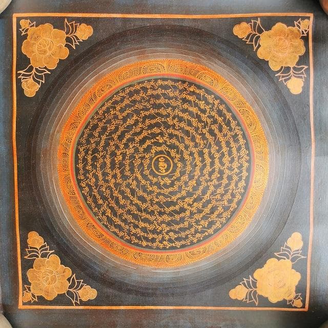 オンマニペメフム　マントラ　曼荼羅　花　：　タンカ　仏画（額縁なし）