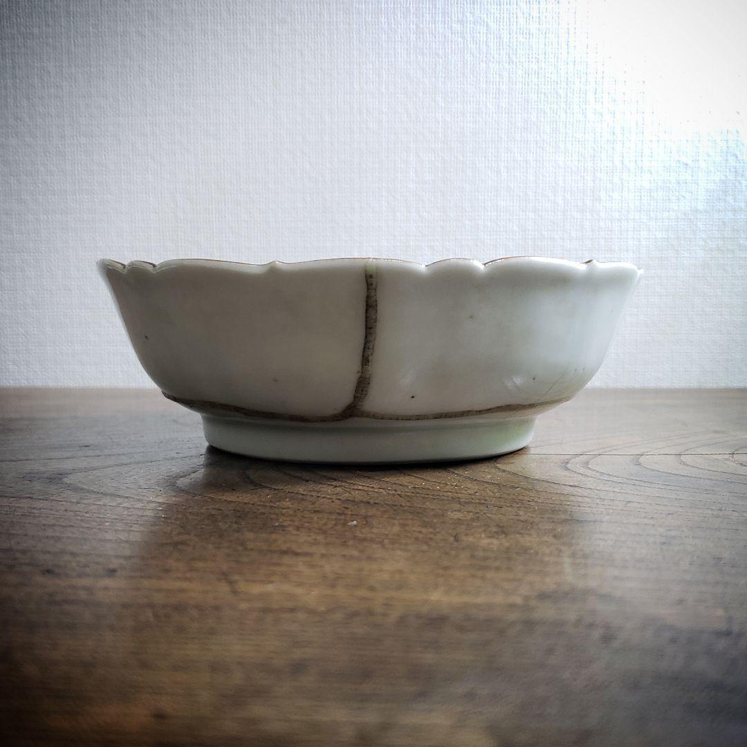 古伊万里　染付　なます皿　芙蓉手　花図　花唐草　訳あり　ガラス継ぎ　ハ号　江戸