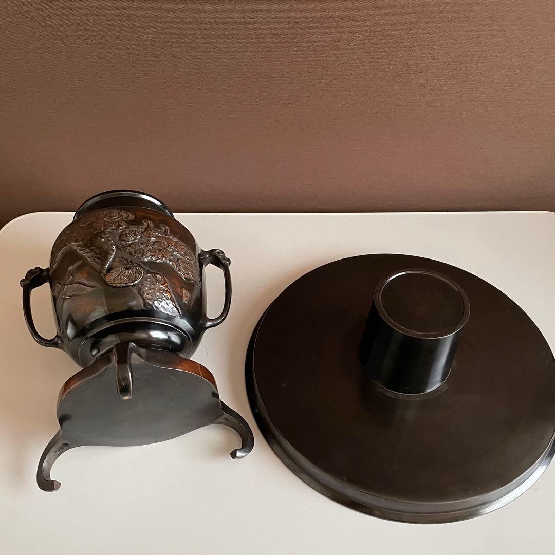 銅花器 薄端 松と鶴 在銘 銅花器 唐銅 茶道具華道具 重さ5.45kg  03