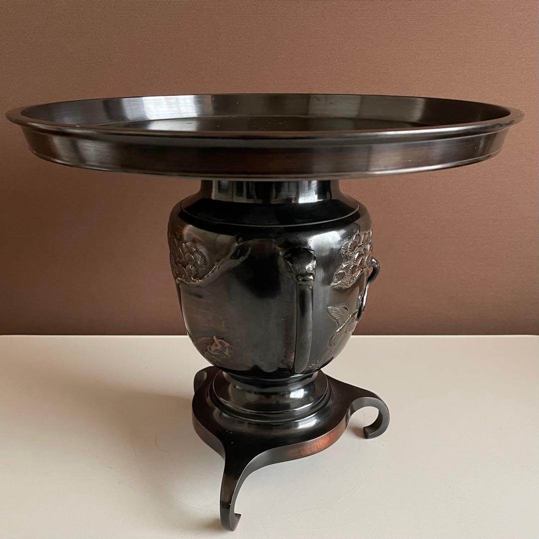 銅花器 薄端 松と鶴 在銘 銅花器 唐銅 茶道具華道具 重さ5.45kg  03