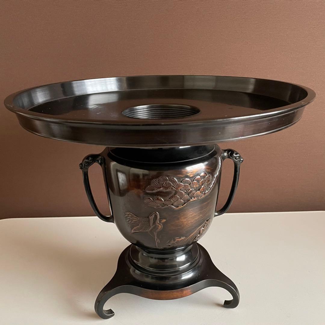 銅花器 薄端 松と鶴 在銘 銅花器 唐銅 茶道具華道具 重さ5.45kg  03