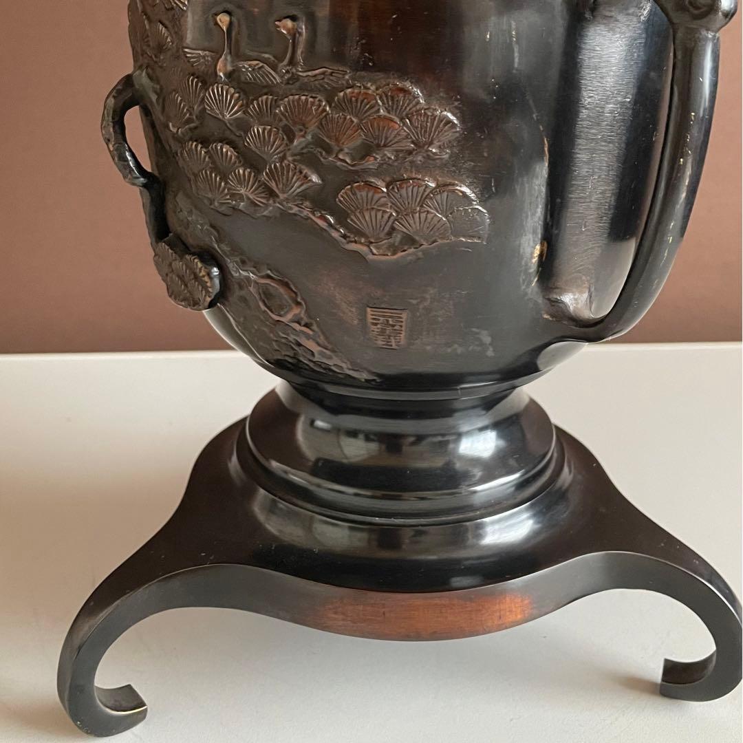 銅花器 薄端 松と鶴 在銘 銅花器 唐銅 茶道具華道具 重さ5.45kg  03