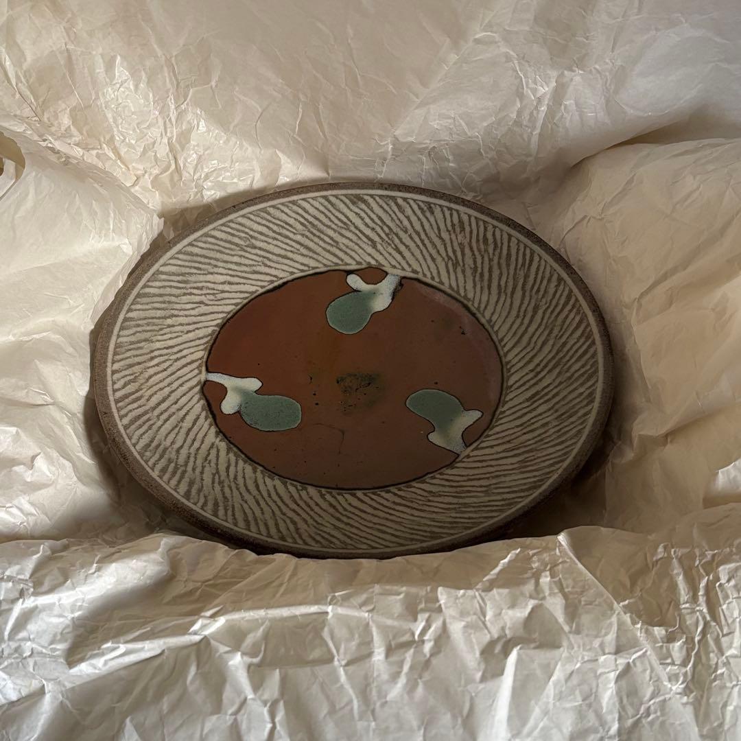 益子焼 島岡達三 象嵌皿 大皿 9寸皿 27.4cm 人間国宝 共箱