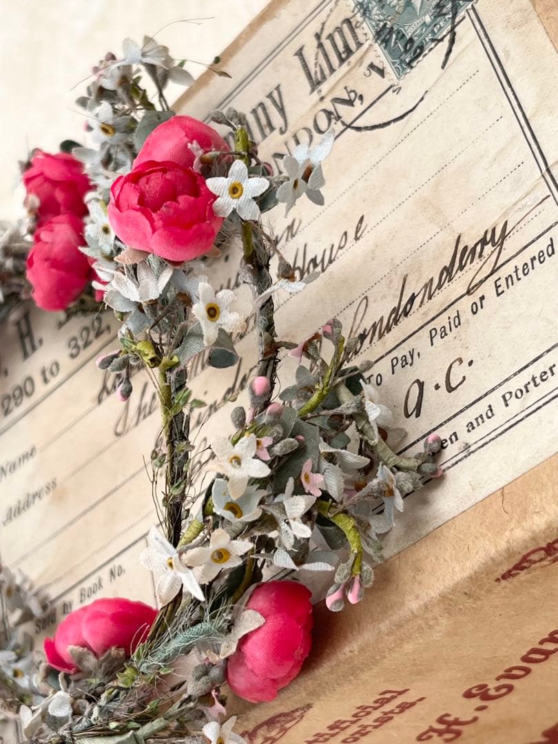 アンティークイギリスウェディング花冠ティアラ布花ガーランド紙箱紙もの