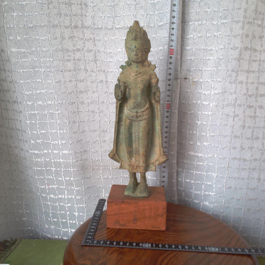 ブロンズ製仏像 約30cm 木製台座付き 古代？