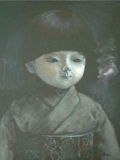 油絵 菅家令子 絵 絵画インテリア 額付(黒) F6-080118 市松日本人形