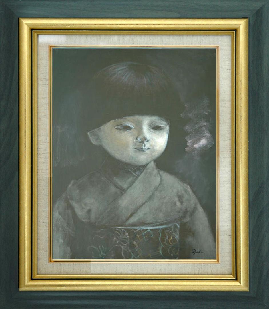 油絵 菅家令子 絵 絵画インテリア 額付(黒) F6-080118 市松日本人形