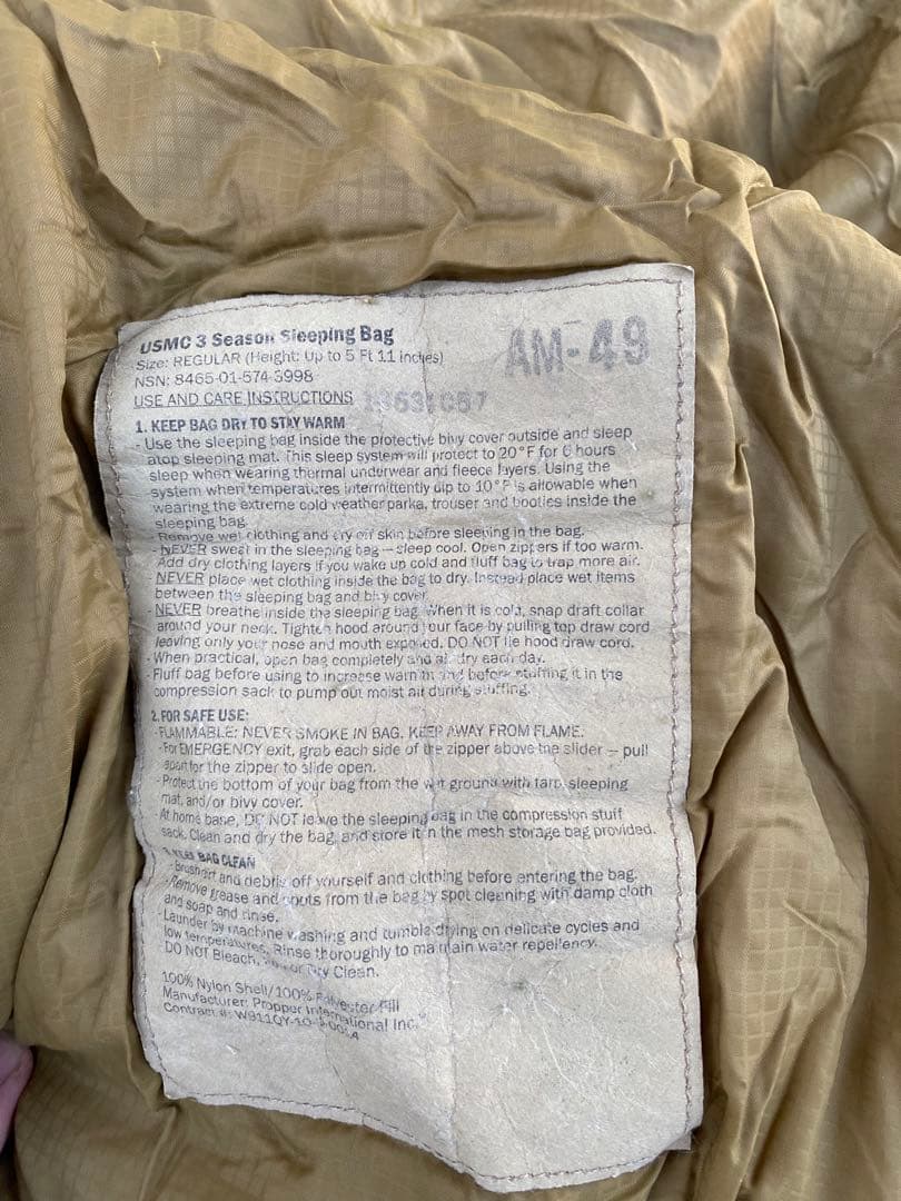 米軍放出品、USMC 3 Season Sleeping Bag レギュラー