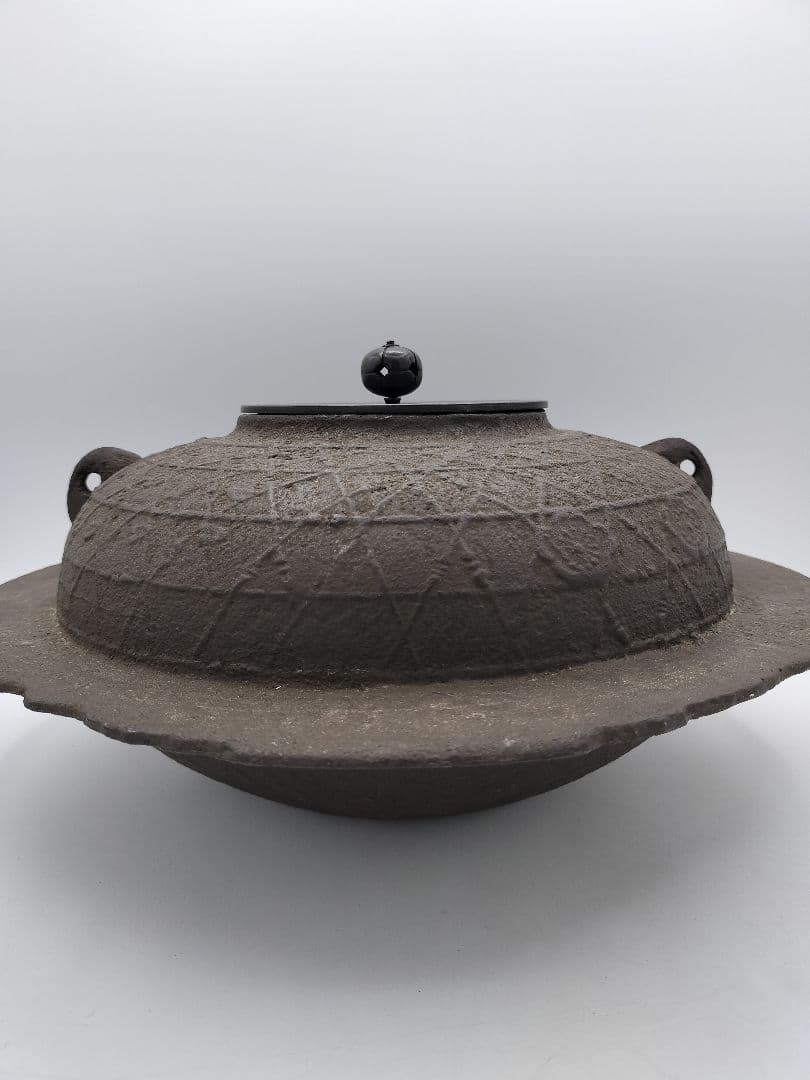 c708 焼抜透木釜　桜川 透木付 茶道具 古物