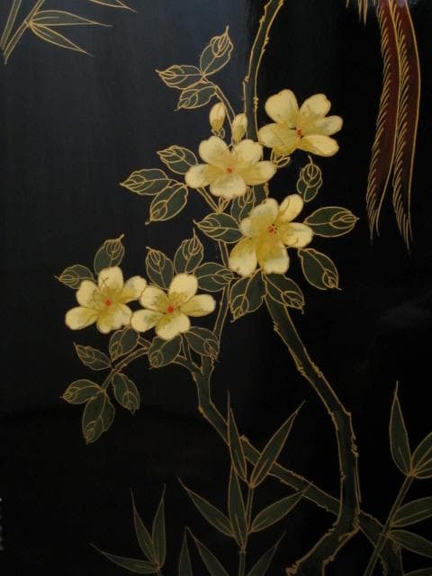 黒漆 中国美術 花鳥図 真鍮金具 茶道具 飾り棚/煎茶棚/キャビネット/書棚