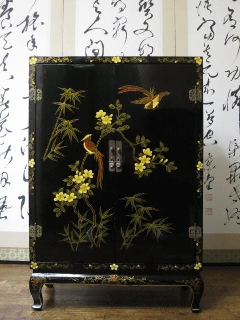 黒漆 中国美術 花鳥図 真鍮金具 茶道具 飾り棚/煎茶棚/キャビネット/書棚