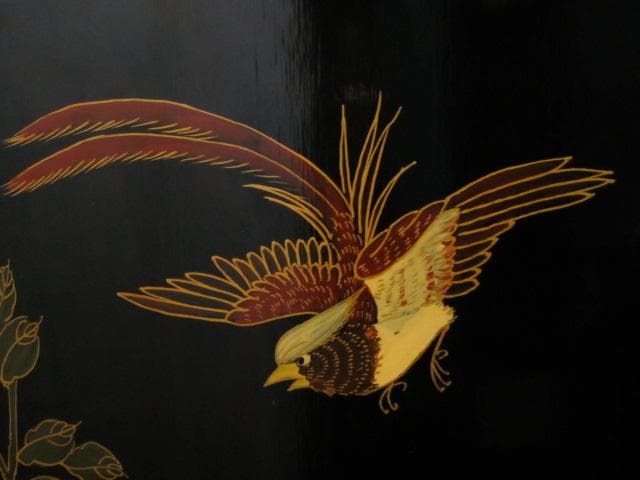 黒漆 中国美術 花鳥図 真鍮金具 茶道具 飾り棚/煎茶棚/キャビネット/書棚