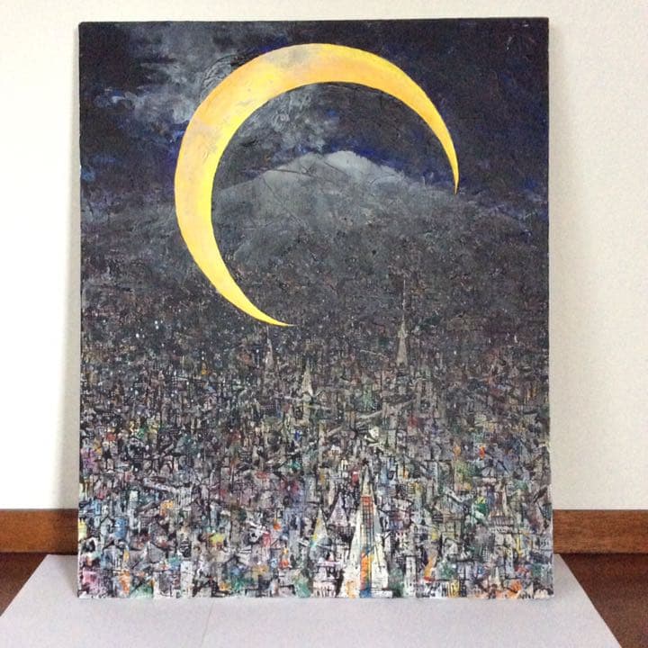 三日月の中の富士（アクリル画）