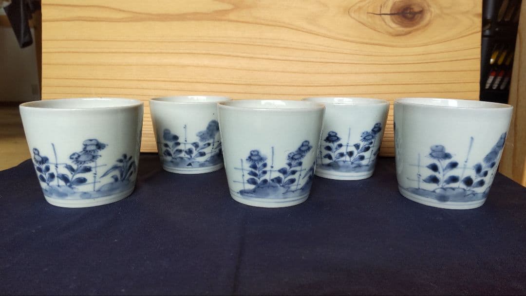 古伊万里 竹垣に桔梗と撫子 蕎麦猪口 五客