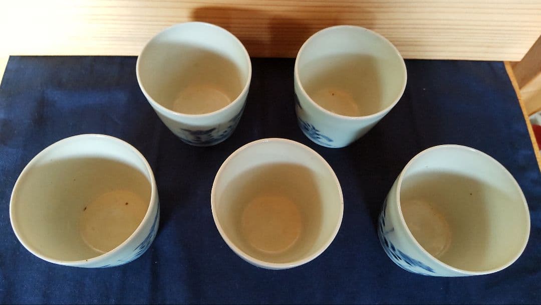 古伊万里 竹垣に桔梗と撫子 蕎麦猪口 五客