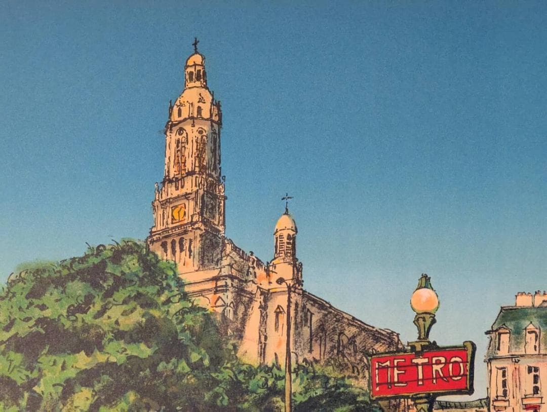 【真作】版画　リトグラフ　パリの街角と教会　ヨーロッパ風景版画　Y42