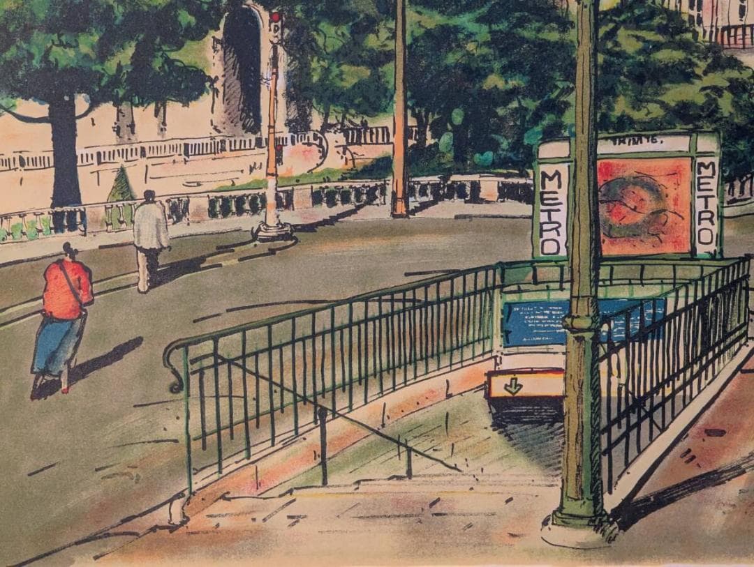 【真作】版画　リトグラフ　パリの街角と教会　ヨーロッパ風景版画　Y42