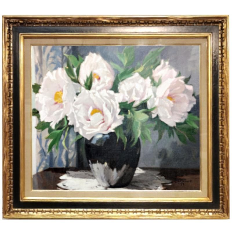 ☆山岸正巳☆「窓辺 牡丹」油絵　F10号　1977年制作　未使用額！