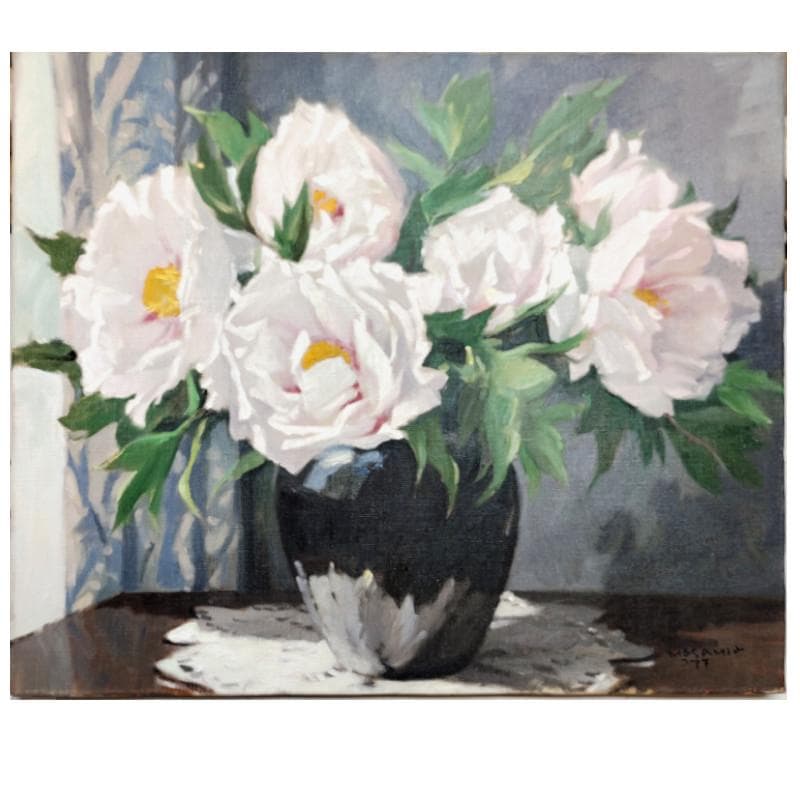 ☆山岸正巳☆「窓辺 牡丹」油絵　F10号　1977年制作　未使用額！