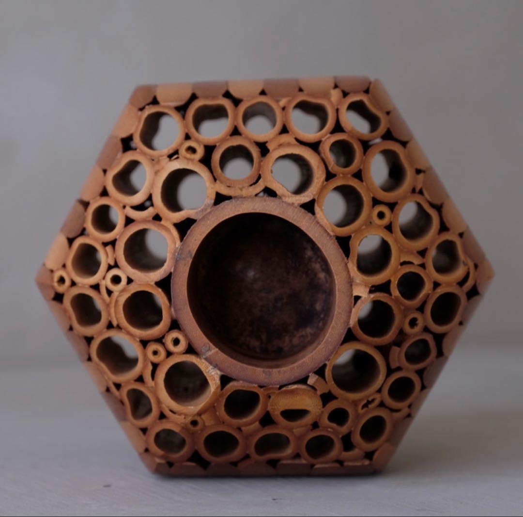 竹工芸 蜂巣文 球体 壺 花器 竹細工 花入 一輪挿 花瓶 インテリア オブジェ