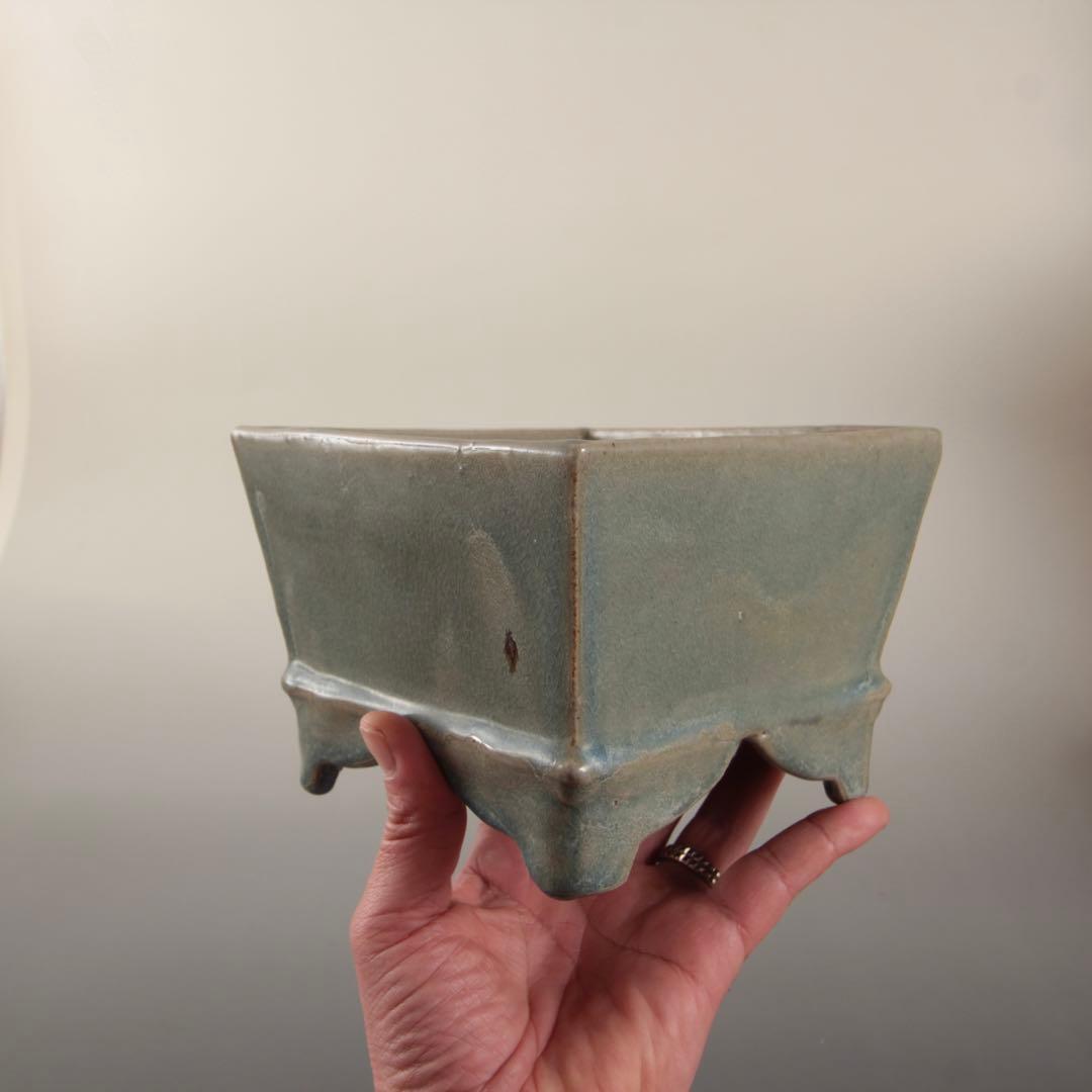 天晴釉 四方形 香炉 倣古 仿汝釉 清朝期？ 中国美術 青磁香炉 古美術 古道具