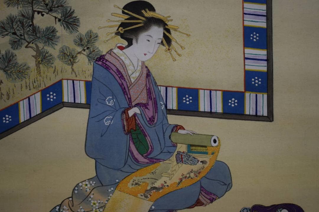 真作/瀬川貞廣/浮世絵美人画/布袋屋掛軸HH-338-2