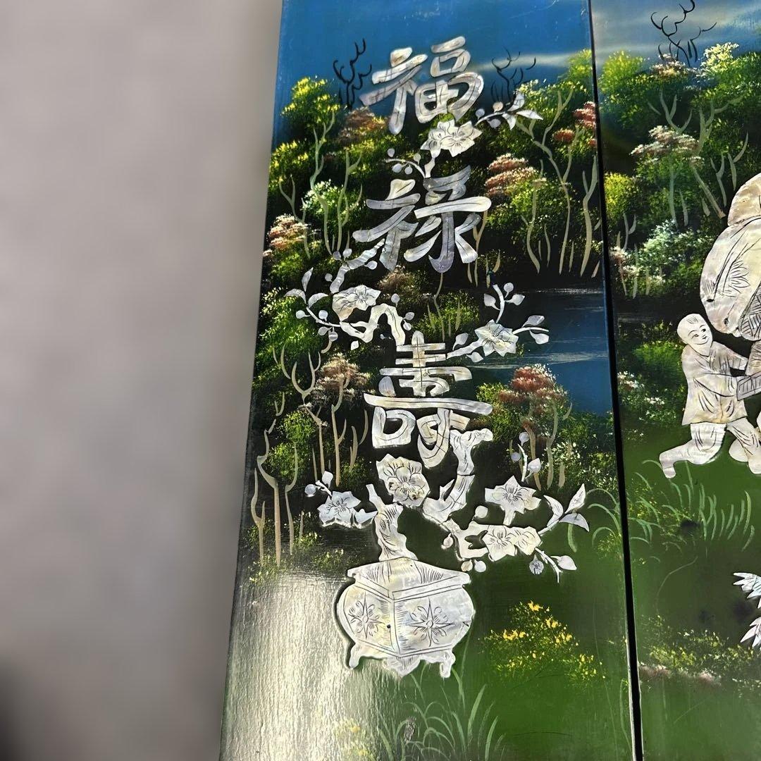 中国風 ，螺鈿細工，貝殻，四つのパネル，螺鈿細工，漆工，壁飾り，古美術品 ，漆芸