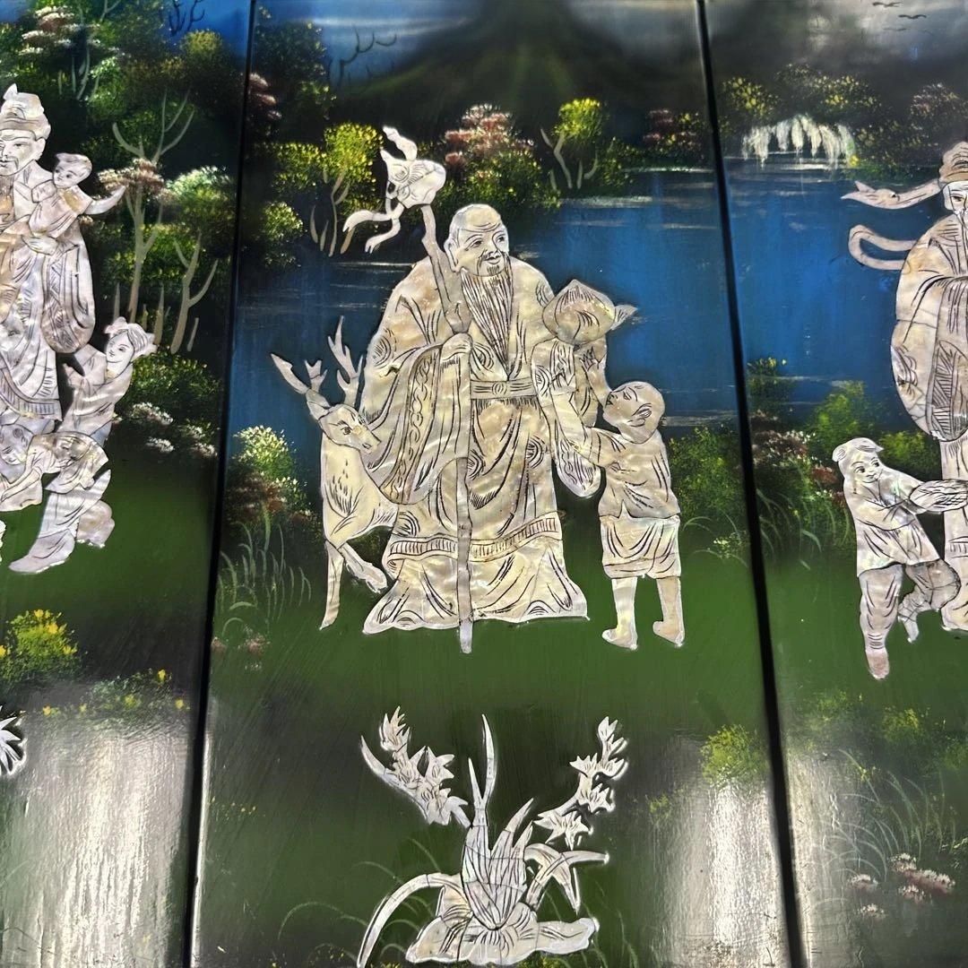 中国風 ，螺鈿細工，貝殻，四つのパネル，螺鈿細工，漆工，壁飾り，古美術品 ，漆芸