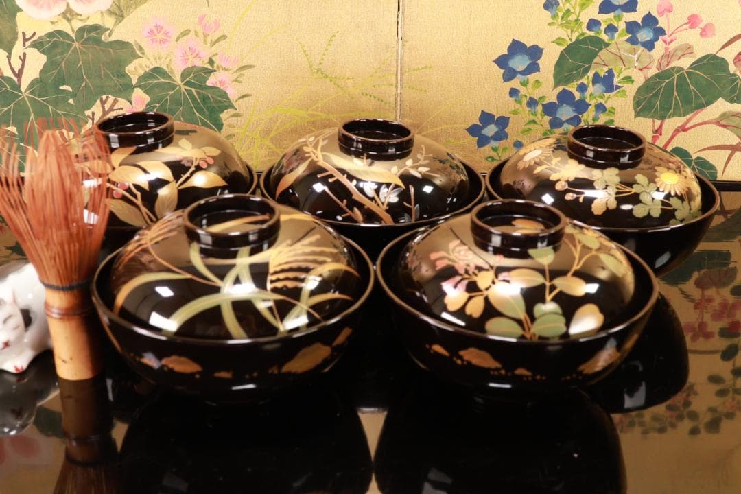 BJ119　時代輪島塗　図替わり　草花蒔絵　吸物椀　五客　木製 懐石 菓子