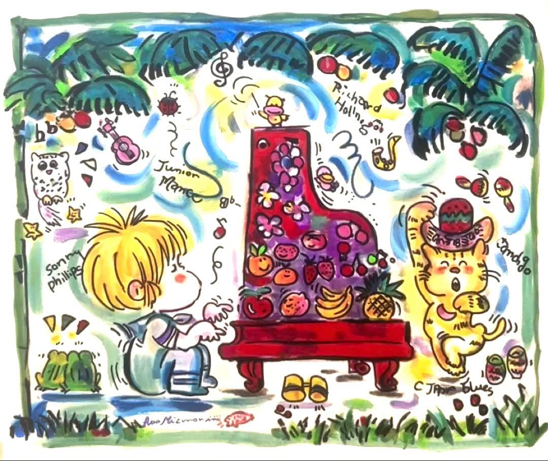 【F10】水森亜土（ピアノ弾く女の子）肉筆品/表裏サイン有り/手描き/油絵/絵画