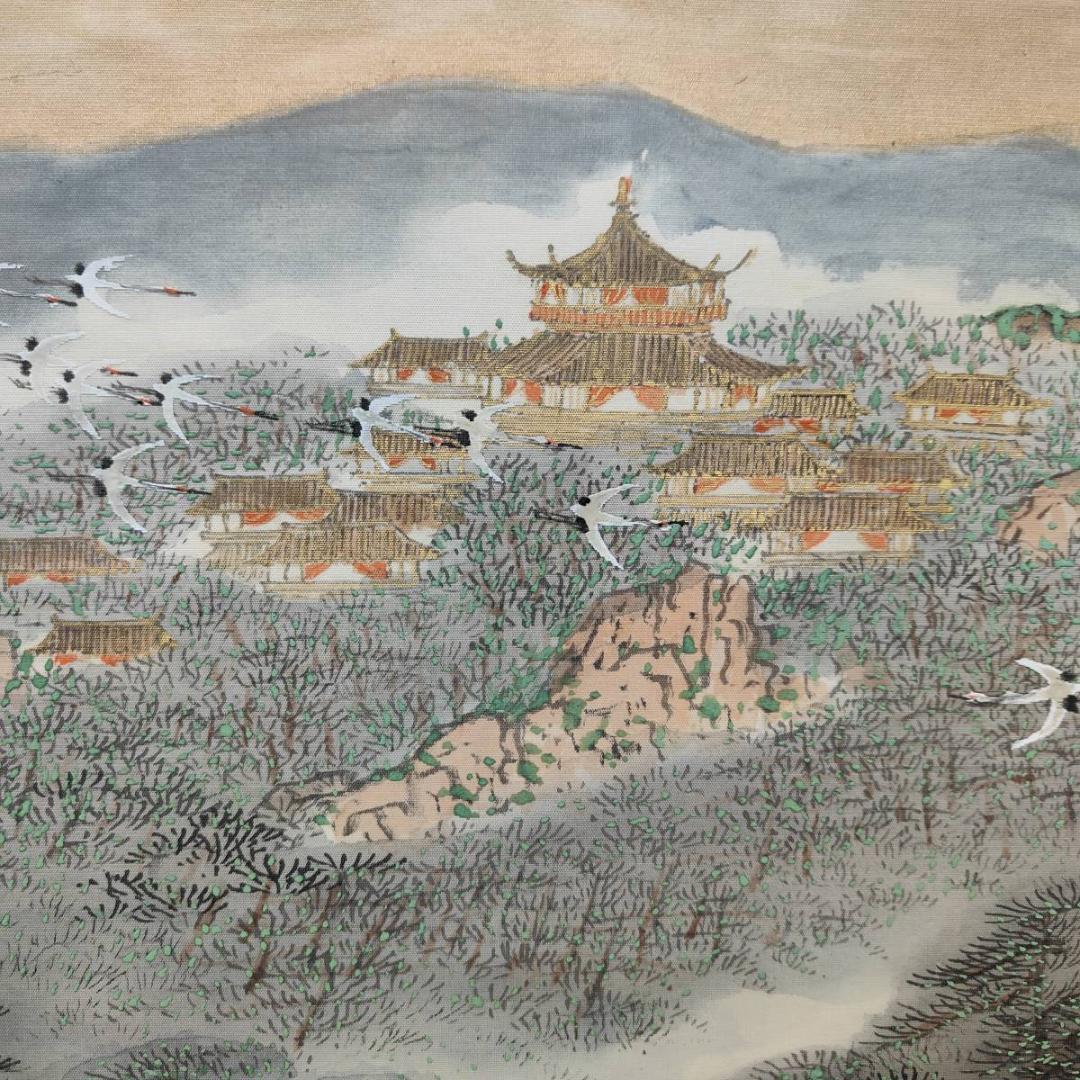 真作/小川鴻城/蓬莱山図/山水/鶴/桐共箱付/布袋屋掛軸A-630