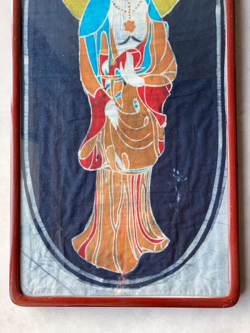 ろうけつ染め観音菩薩×昭和レトロ大判額縁　ヴィンテージ　骨董品　フレーム　布絵