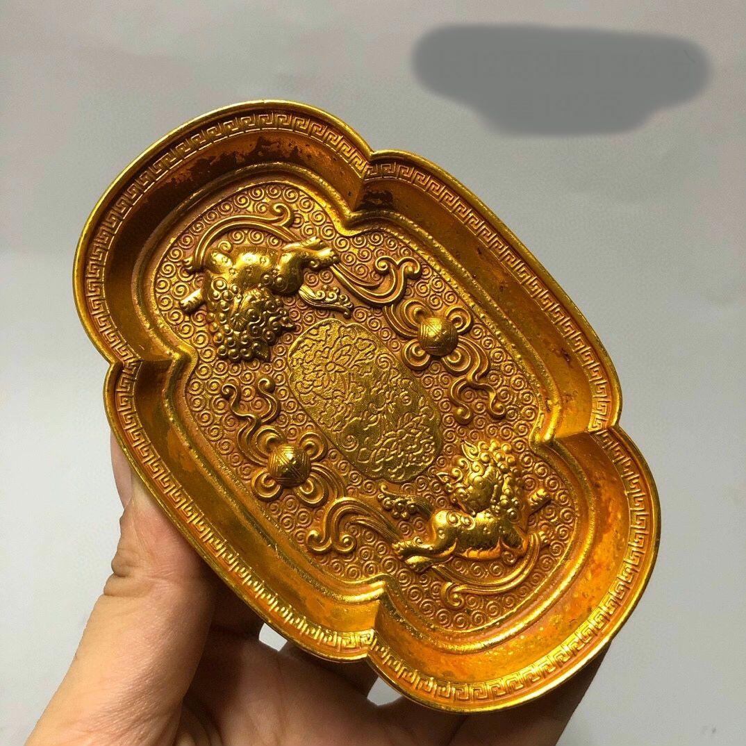 銅 細工 四方獅子銅盤 金皿 託敷 茶道具 装飾品 工芸品 置物