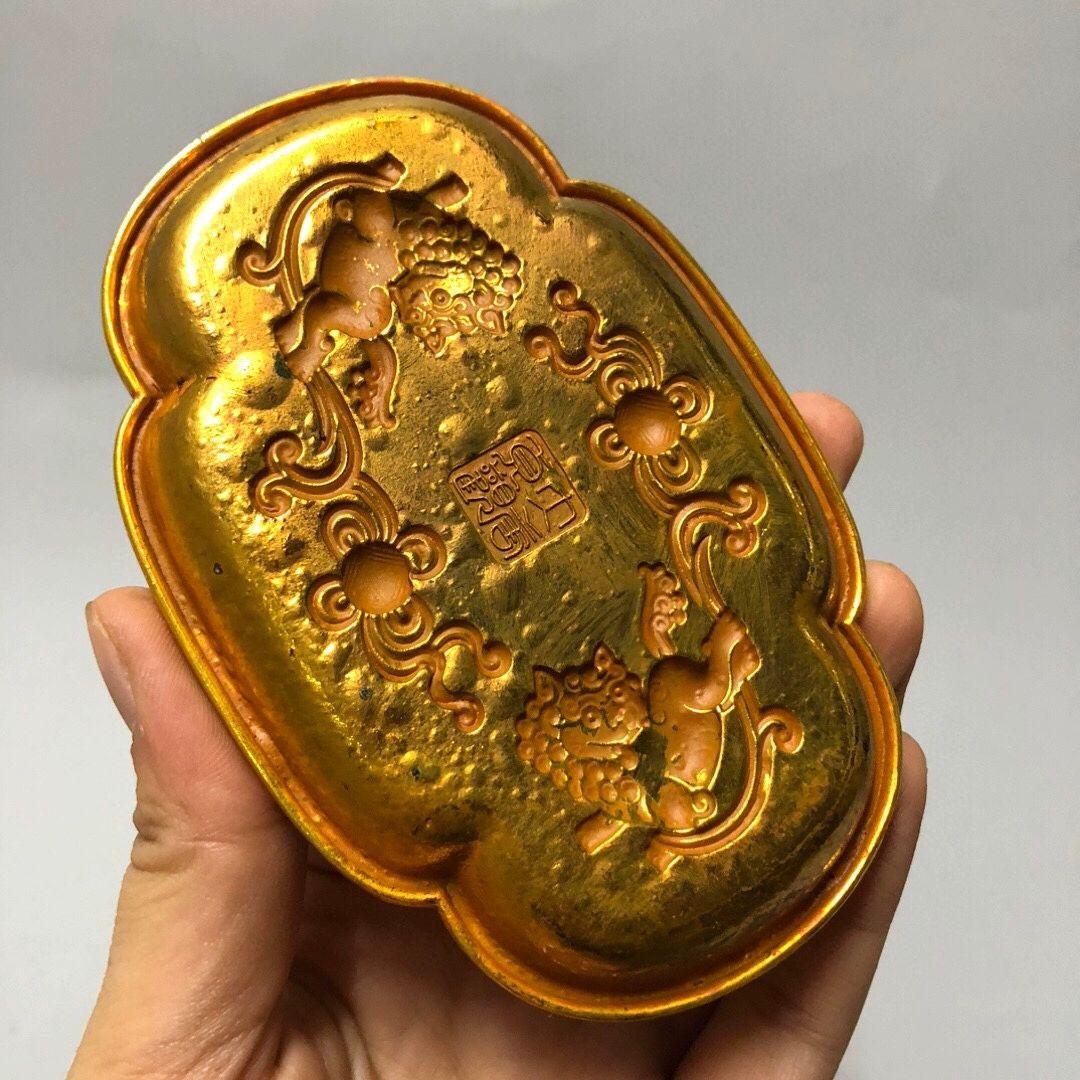 銅 細工 四方獅子銅盤 金皿 託敷 茶道具 装飾品 工芸品 置物