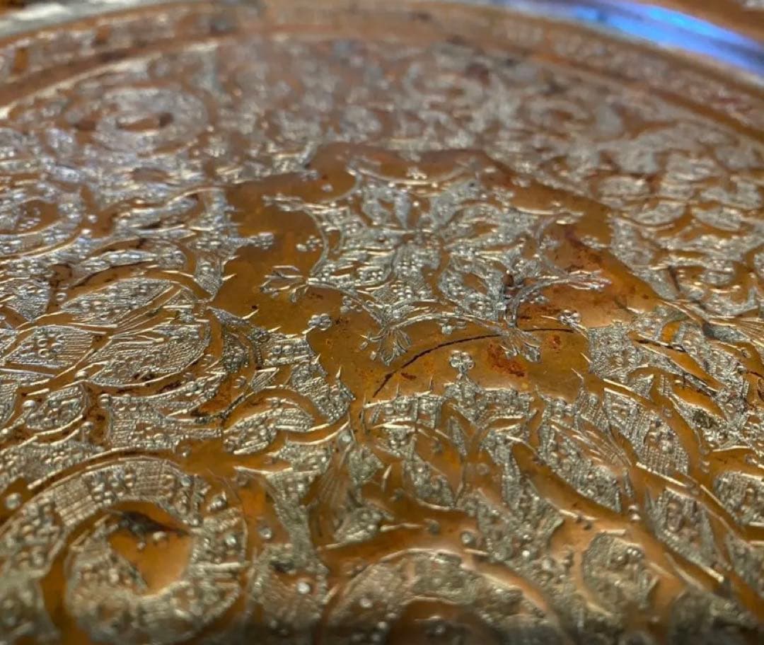 アンティーク カジャール朝　銅彫金装飾39cmプレート・鑑賞スタンド付４点セット