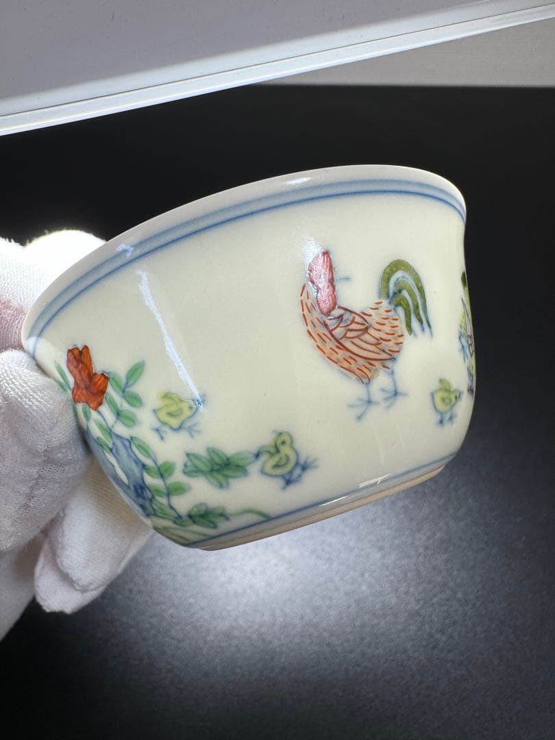 大明成化年製 鶏図 色絵 茶杯 古陶磁 中国茶器 色絵 鶏文 茶杯 ア中国美術
