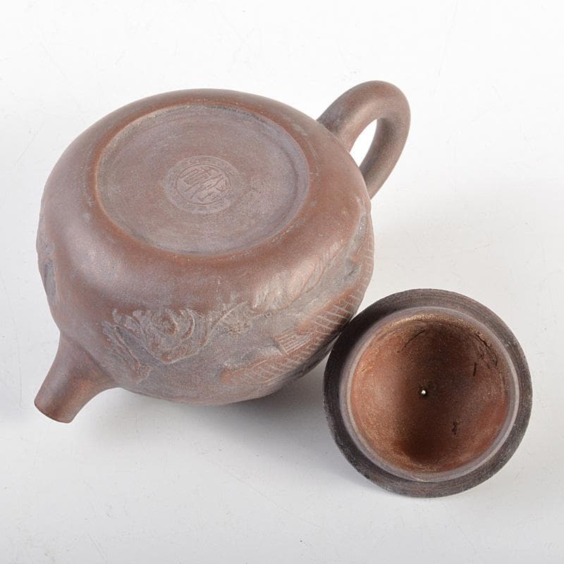 中国　紫砂　朱泥　楼閣山水文　急須　茶壷　在銘　N　6652