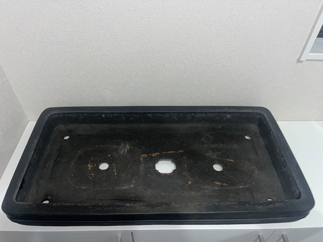 希少色　超特大鉢　中国宜興　黒泥中帯切足長方鉢　落款　盆栽鉢